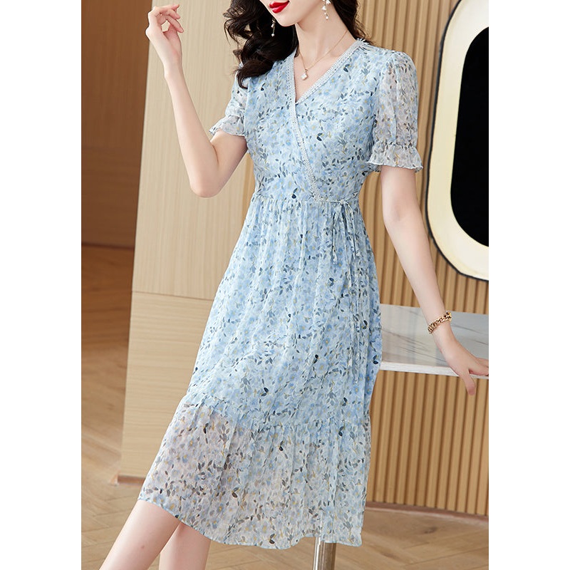 Classy Blue V Neck Print Wrinkled Chiffon Dress Summer