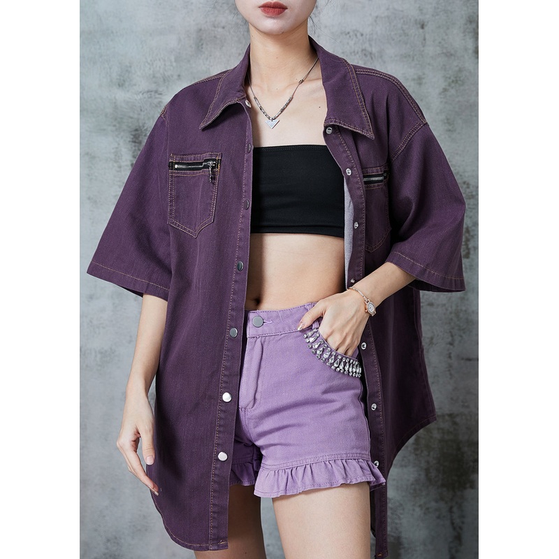 Classy Dull Purple Zip Up Oversized Denim Shirt Top Summer
