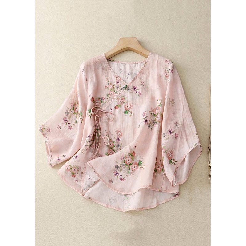 Classy Pink V Neck Lace Up Print Cotton Shirts Spring
