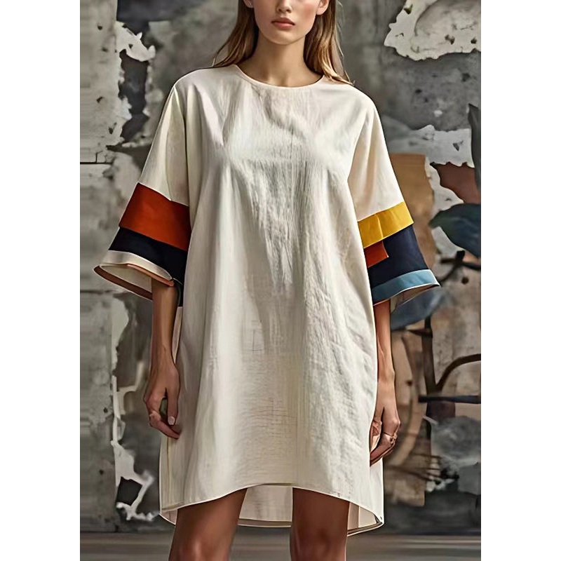 Classy White Oversized Patchwork Cotton Mid Dress Summer