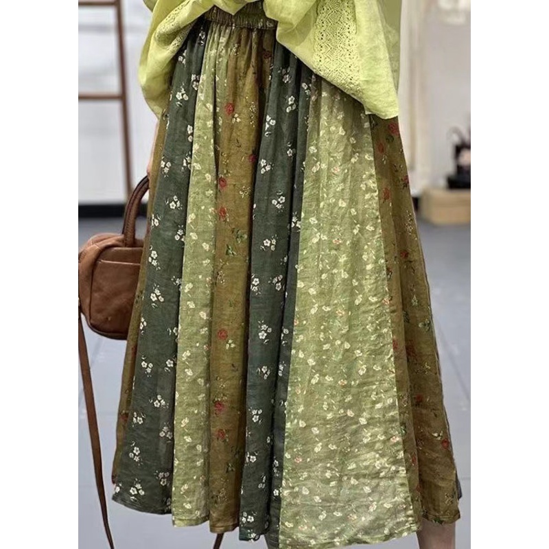 DIY Green Print Wrinkled Elastic Waist Linen Skirt Spring