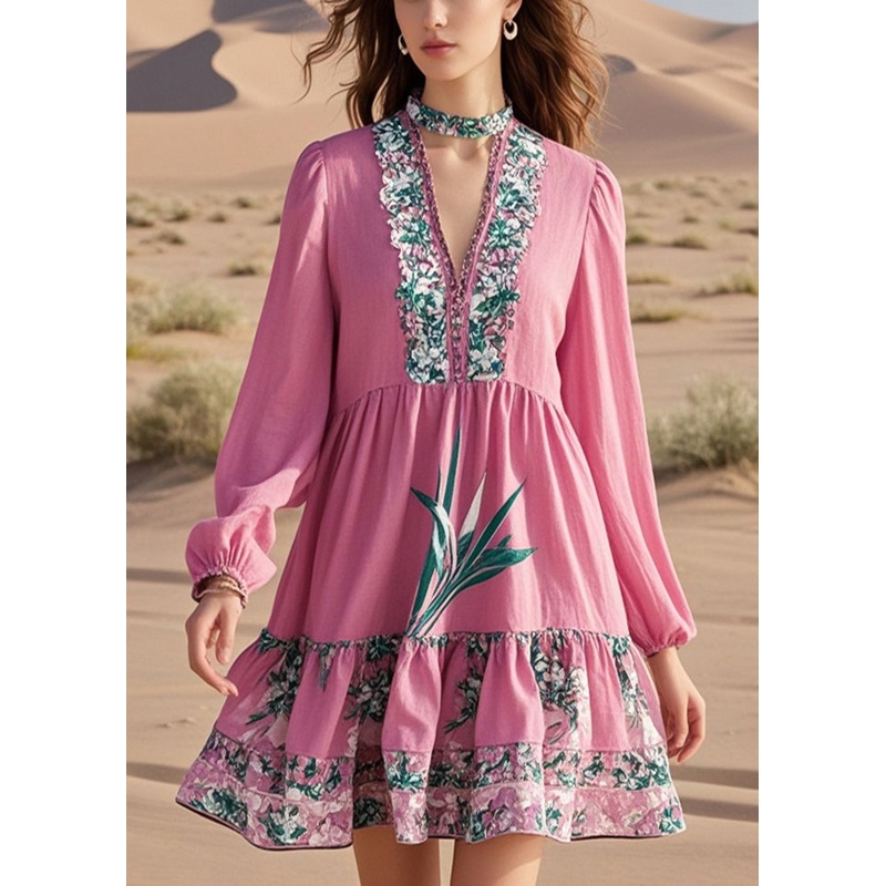 DIY Pink V Neck Print Cotton Work Dress Fall