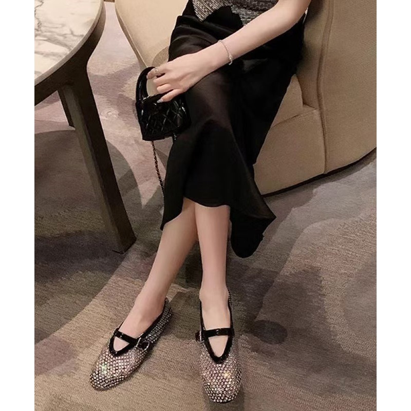DIY Splicing Flats Shoes Black Breathable Mesh Zircon