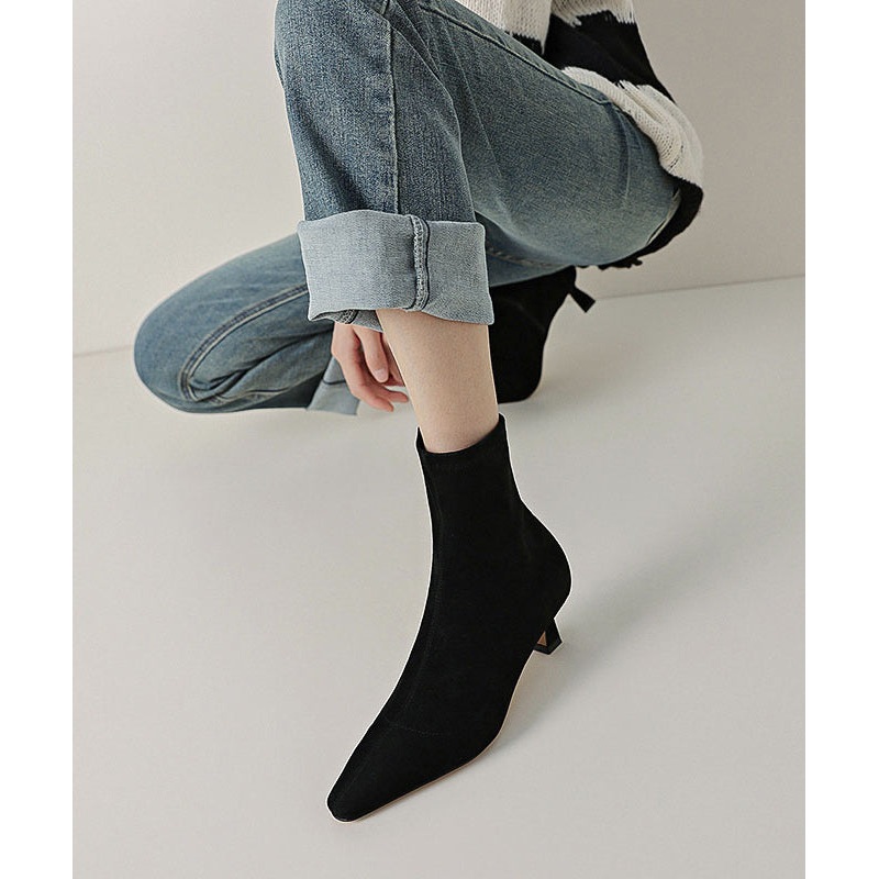 Elegant Black Suede Stiletto Boots Pointed Toe Zippered