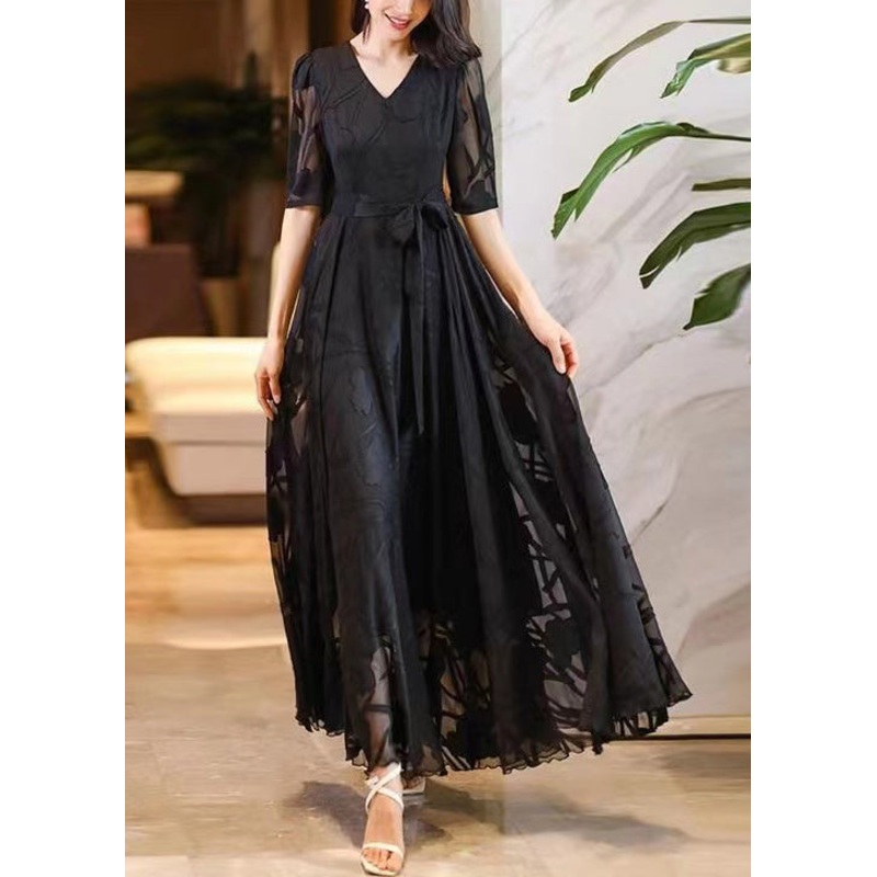 Elegant Black V Neck Tie Waist Chiffon Maxi Dresses Summer