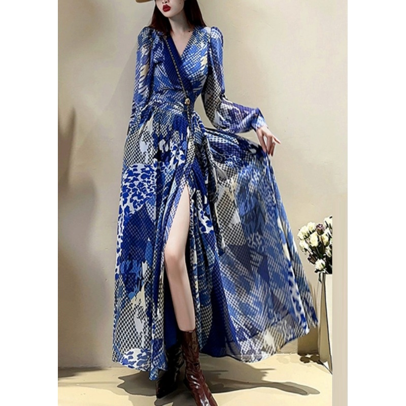 Elegant Blue V Neck Print Drawstring Maxi Dress Lantern Sleeve