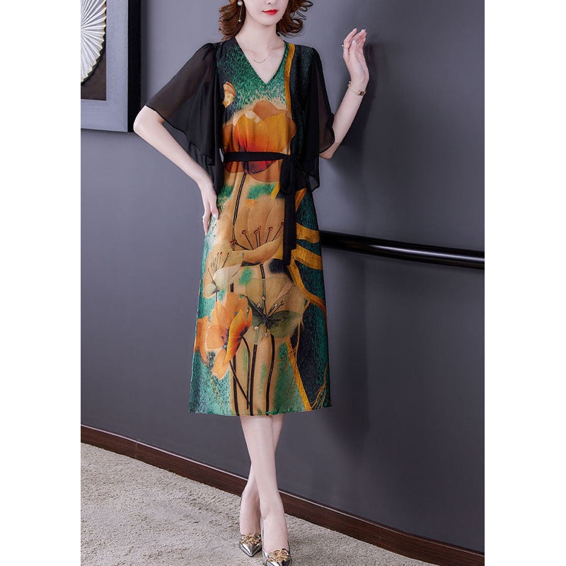 Elegant Colorblock V Neck Patchwork Print Silk Dresses Summer