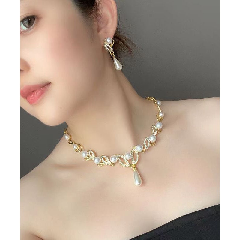 Elegant Gold Alloy Pearl Zircon Pendant Necklace And Earrings Sets