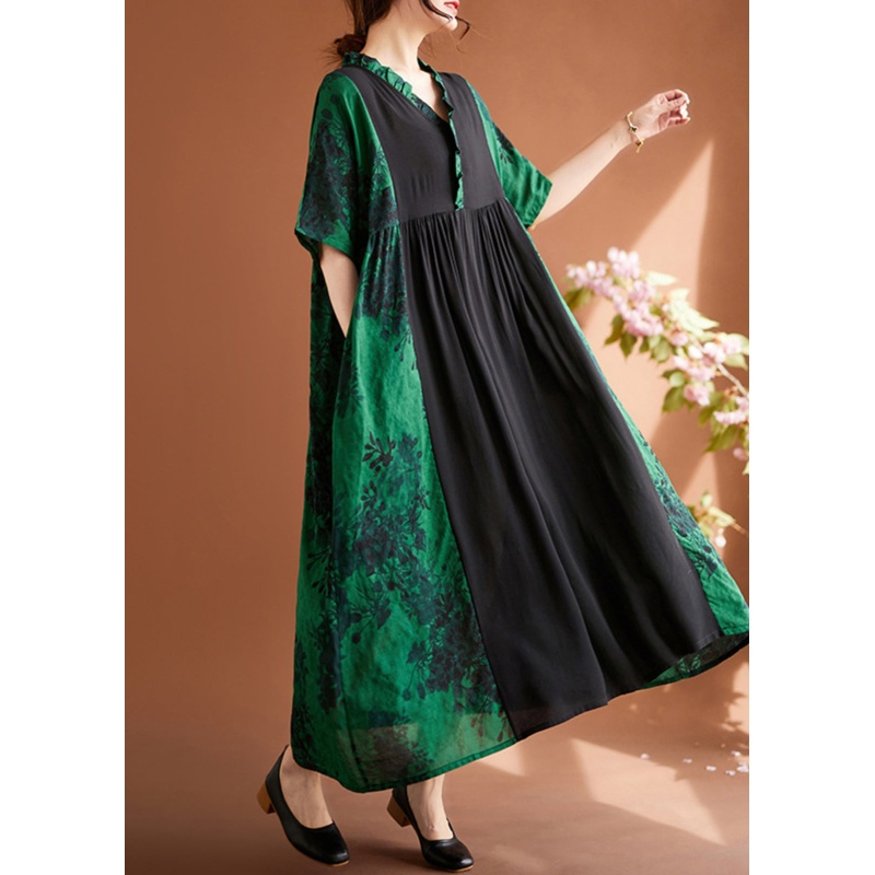 Elegant Green V Neck Print Patchwork Maxi Dresses Summer