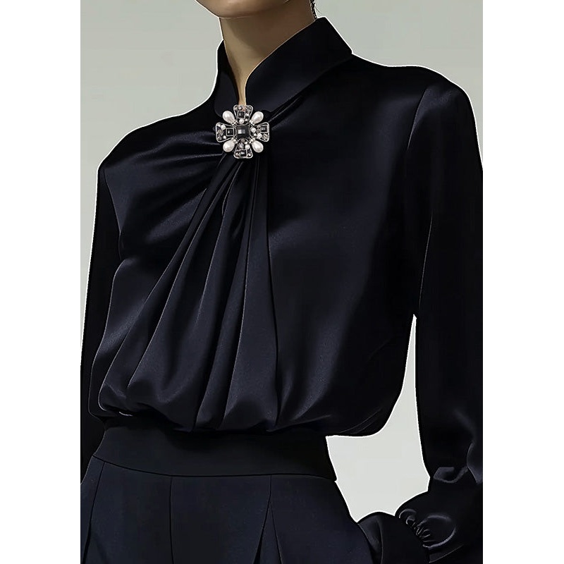 Elegant Navy Stand Collar Wrinkled Silk Shirt Top Spring