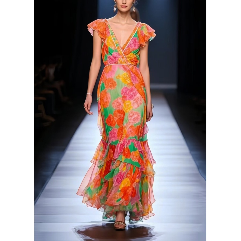 Elegant Orange V Neck Floral Chiffon Maxi Dress Summer