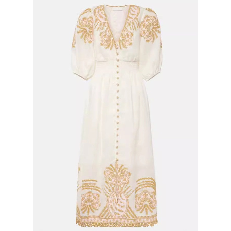 Elegant White Embroidered Button Cotton Long Dresses Summer