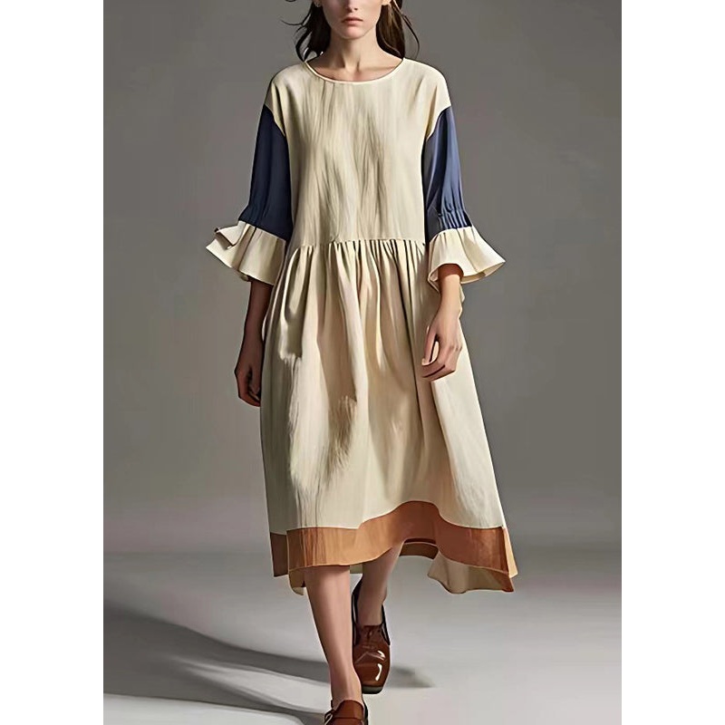 Elegant White Oversized Patchwork Linen Robe Dresses Flare Sleeve