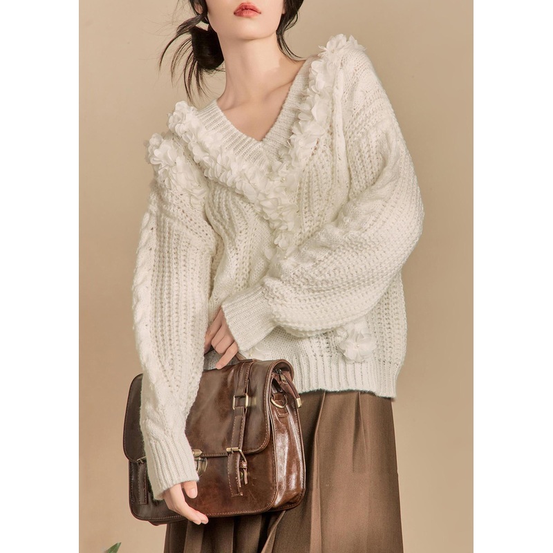 Elegant White V Neck Hollow Out Solid Knit Sweaters Winter