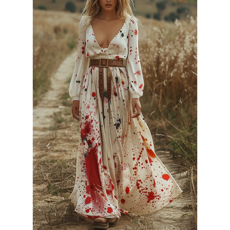 Fashion Beige V Neck Print Cotton Long Dress Spring