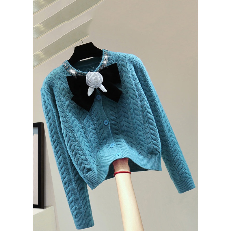 Fashion Blue O-Neck Zippered Bow Thick Cable Cotton Knit Sweaters Winter