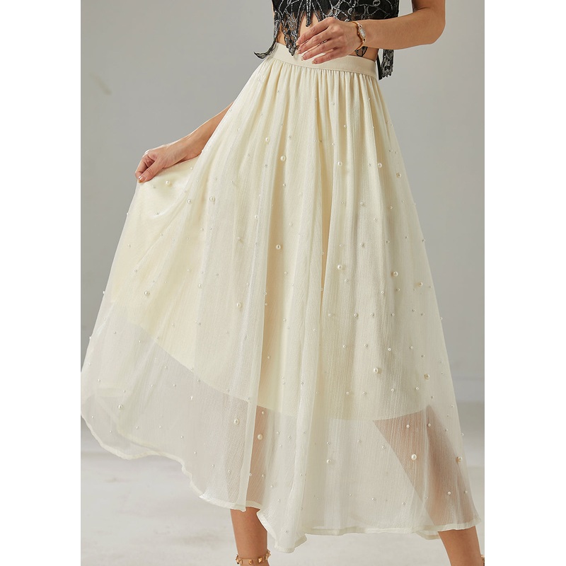 Fashion Milk White Nail Bead Tulle Skirt Summer
