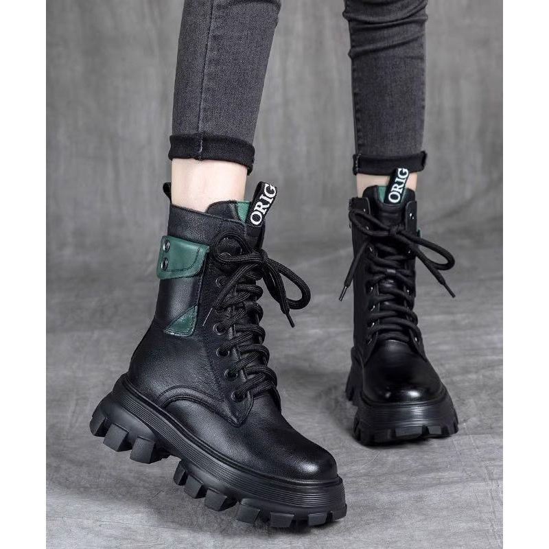 Fashion Splicing Platform Boots Black Cowhide Leather Lace Up