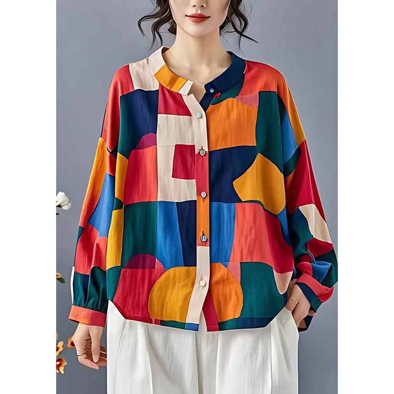 Fine Colorblock Oversized Print Linen Shirt Top Fall
