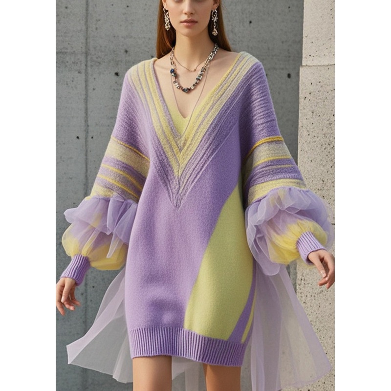 Fine Purple Oversized Patchwork Tulle Long Sweater Fall