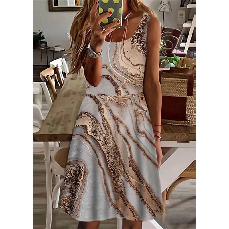 Fine White Print Patchwor Mid Dress Summer