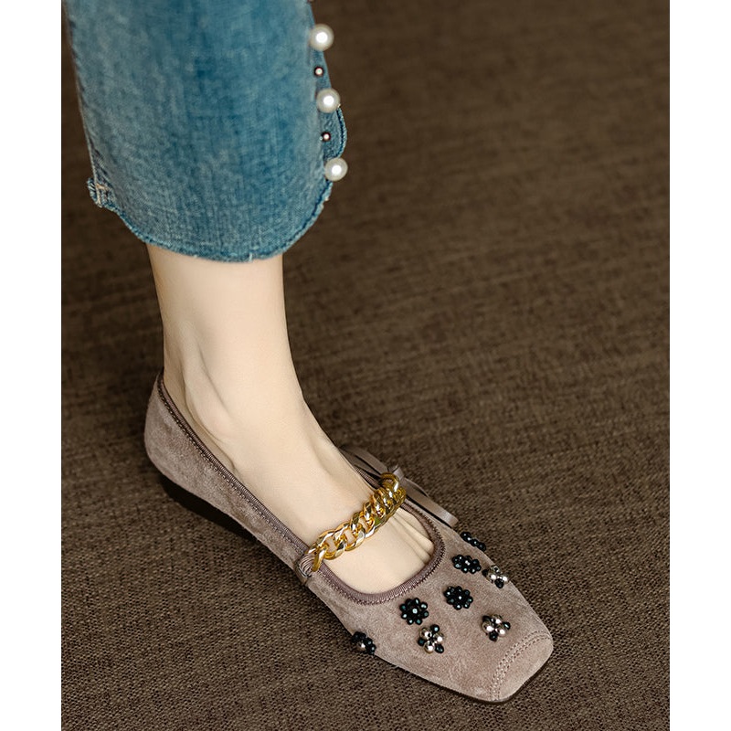 French Apricot Square Toe Bow Nail Bead Flats Shoes