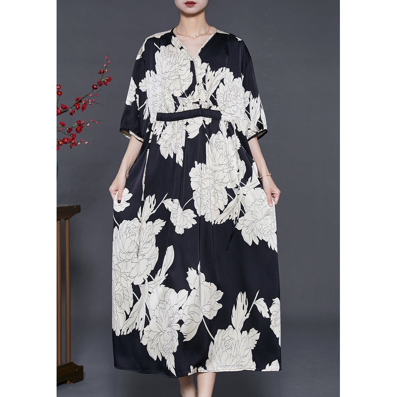 French Black Oversized Print Silk Dresses Summer
