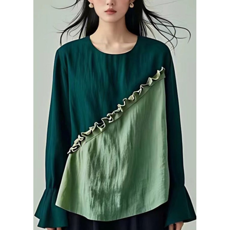 French Light Green O Neck Ruffled Cotton Top Flare Sleeve