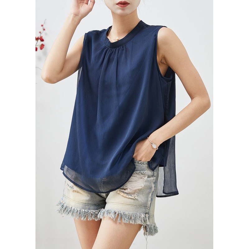 French Navy Stand Collar Chiffon Tanks Sleeveless