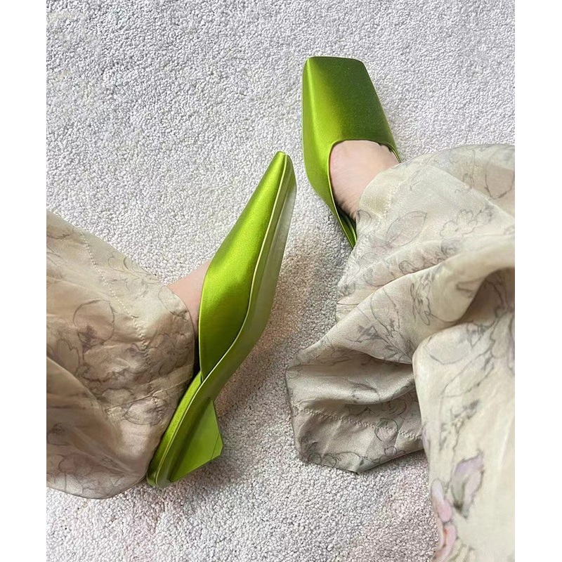 French New Satin Fluorescent Green Slide Sandals