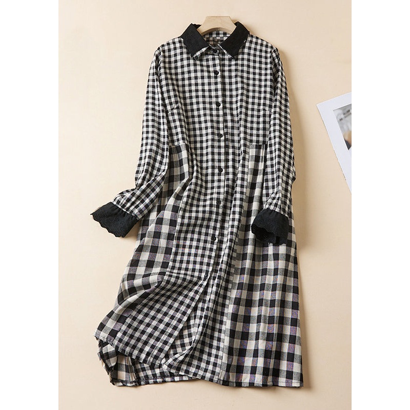 French Plaid Peter Pan Collar Button Linen Shirts Dress Long Sleeve