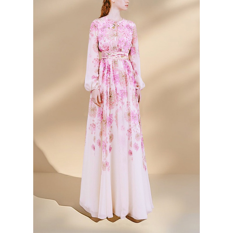 French Slim Fit Pink O Neck Patchwork Silk Long Dresses Spring