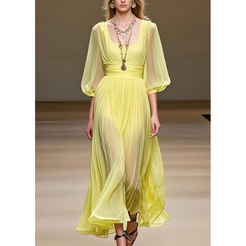 French Yellow U Neck Chiffon Pleated Dress Bracelet Sleeve