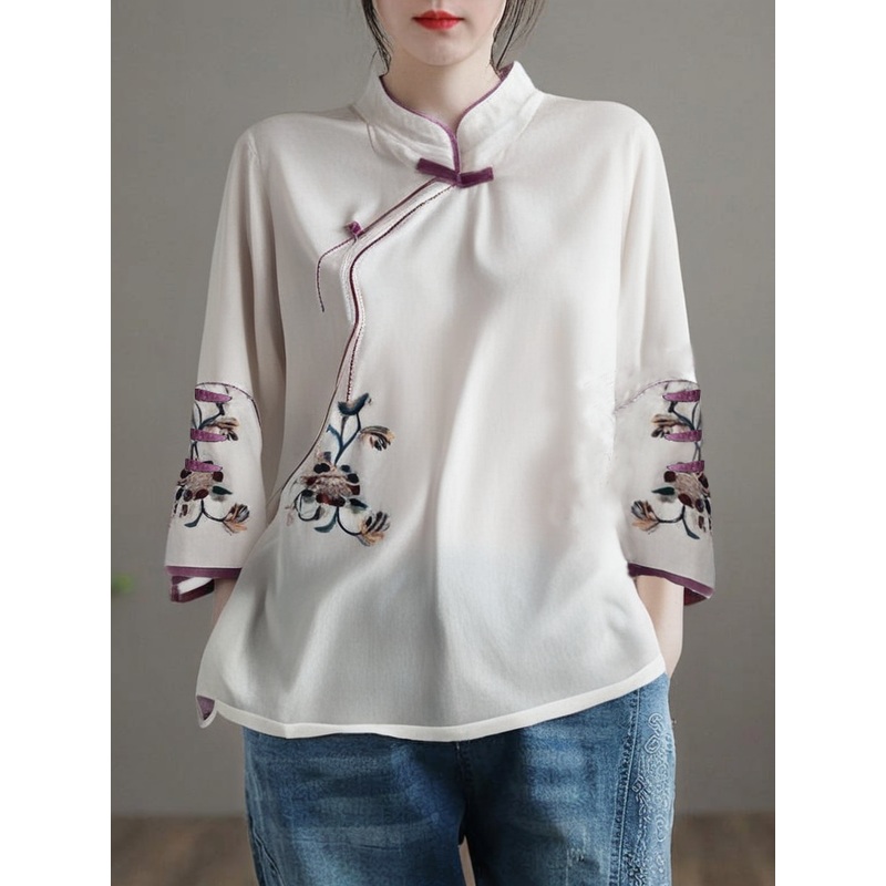 Grace White Embroidered Button Blouse Tops Half Sleeve