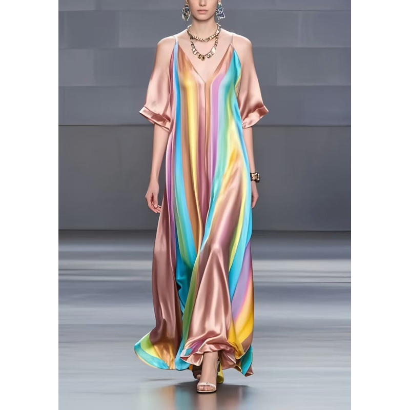 Handmade Rainbow Oversized Draping Silk Holiday Dress Summer