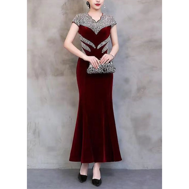 Handmade Wine Red Zircon Patchwork Silk Long Dresses Summer