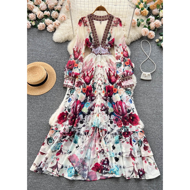 Italian Apricot V Neck Print Elastic Waist Chiffon Maxi Dresses Fall