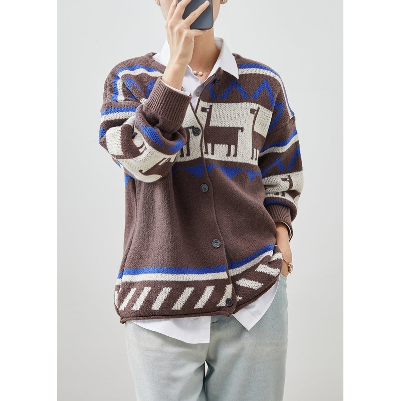Italian Coffee O-Neck Print Knit Cardigans Spring