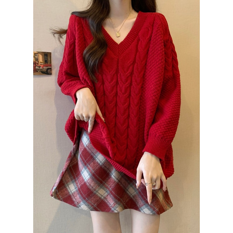 Italian Red V Neck Thick Cable Knit Sweaters Winter