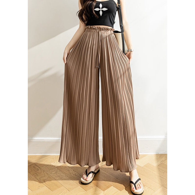 Khaki Wrinkled Lace Up Chiffon Wide Leg Pants High Waist