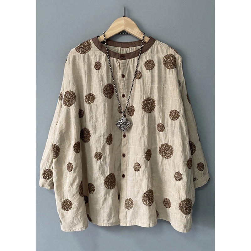 Loose Beige Button Dot Patchwork Linen Shirts Spring