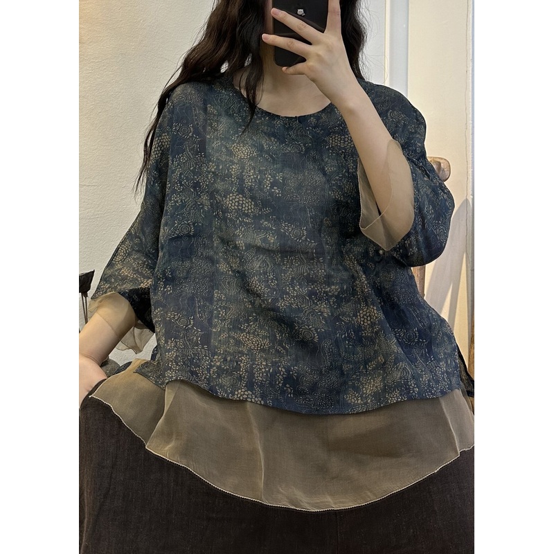 Loose Blue Button Print Patchwork Linen Shirt Spring