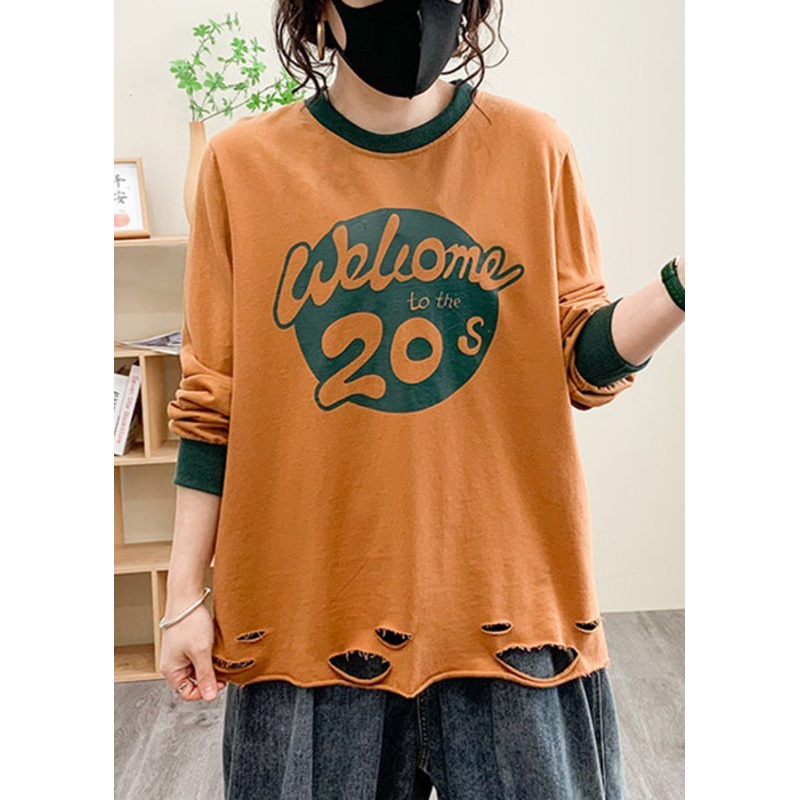 Loose Orange O Neck Print Cotton T Shirt Fall