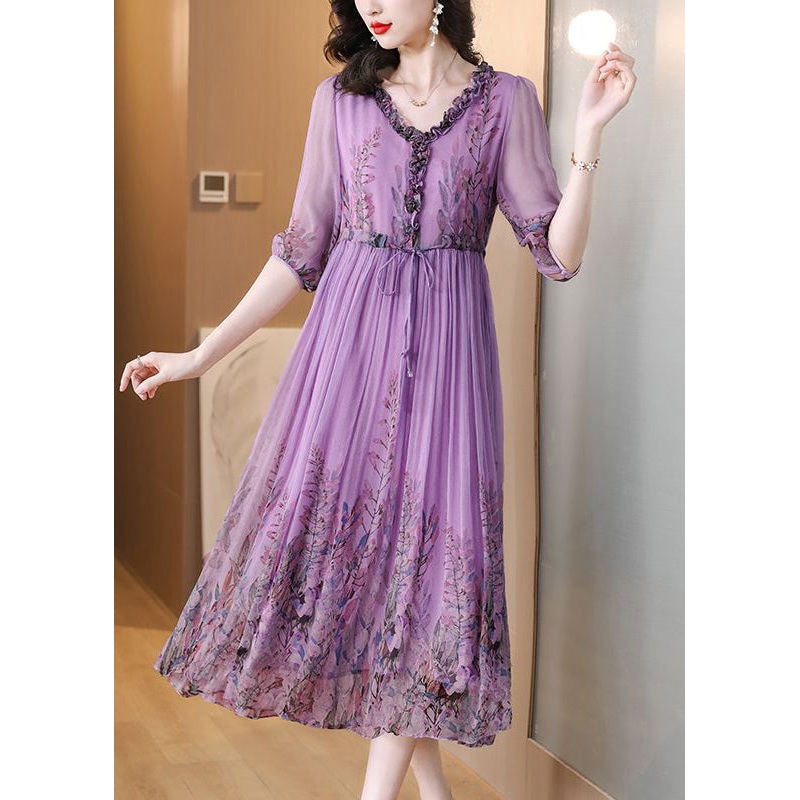 Loose Purple Ruffled Lace Up Print Chiffon Long Dress Half Sleeve