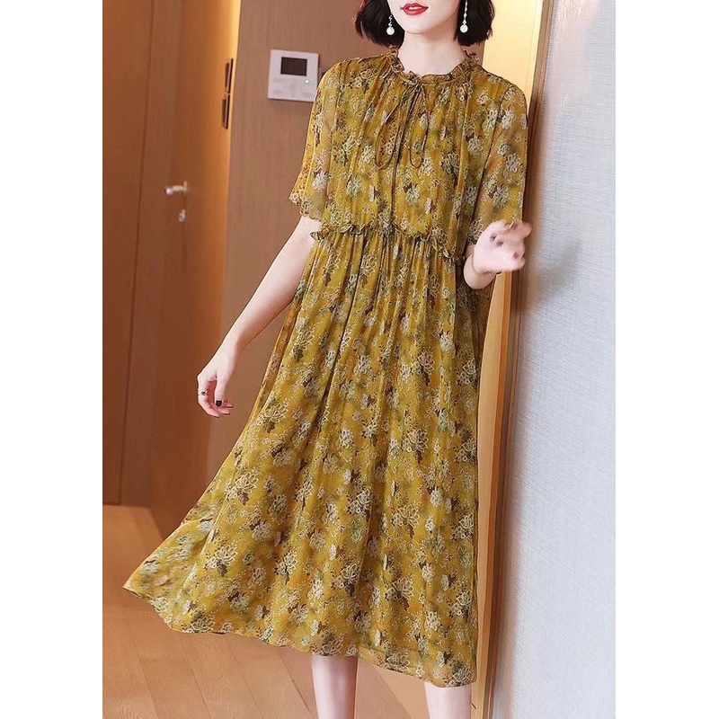 Loose Yellow Ruffled Lace Up Print Silk Dress Summer