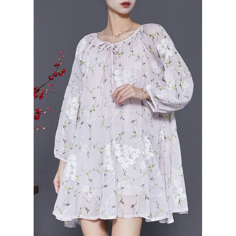 Modern Grey Print Lace Up Chiffon Mini Dress Spring