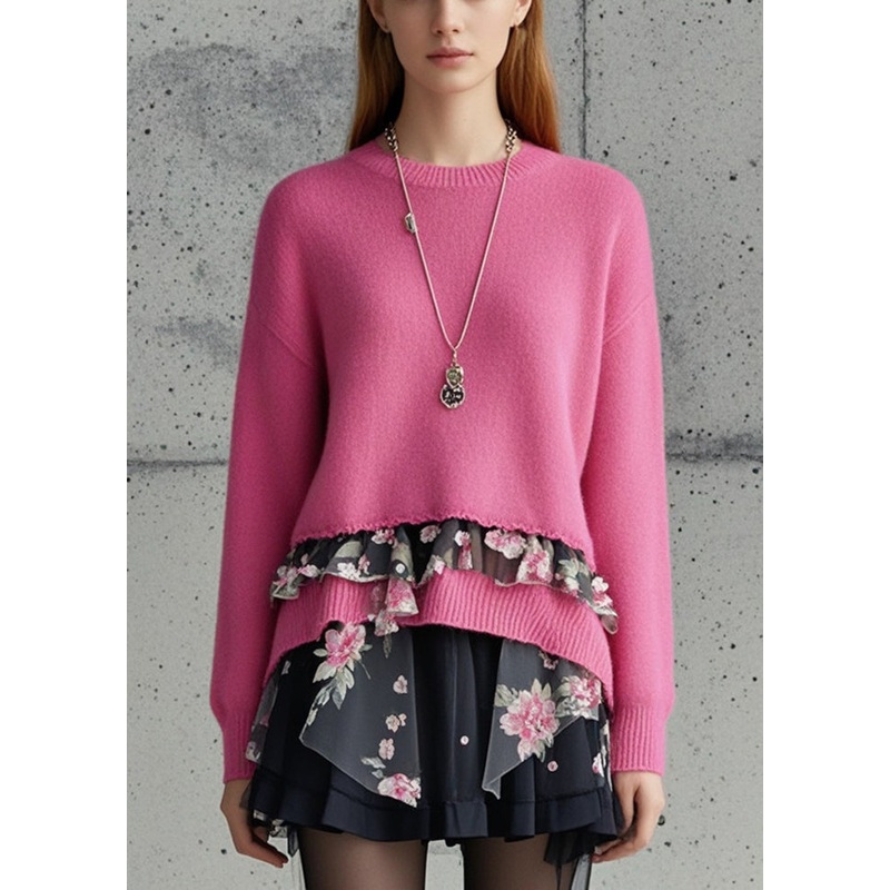 Modern Rose Asymmetrical Patchwork Print Sweaters Fall