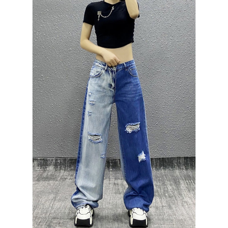 Natural Colorblock Pockets Ripped Denim Straight Pants Fall