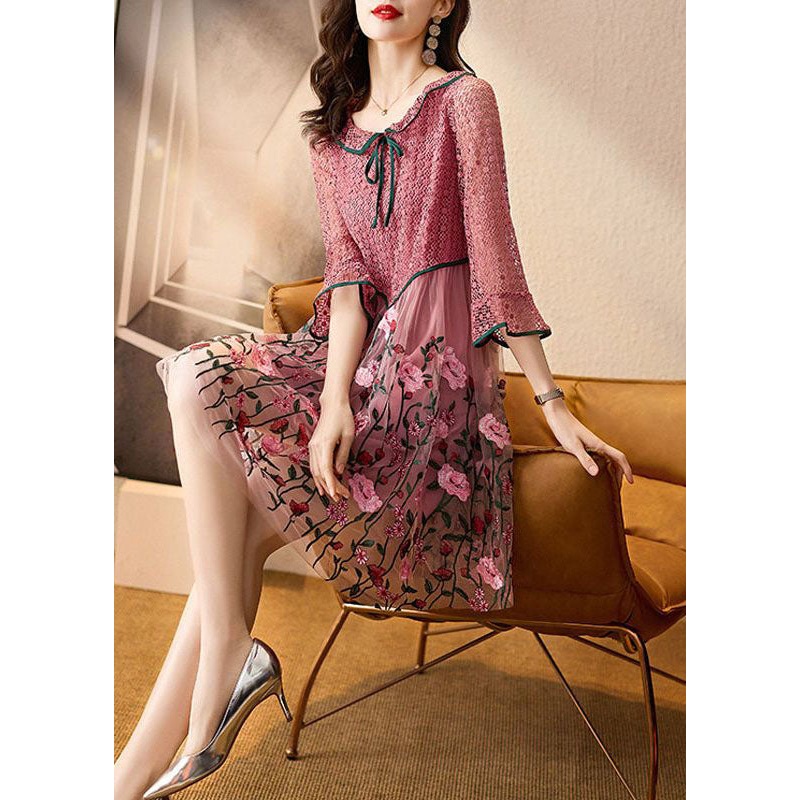 Natural Pink Embroideried Patchwork Tulle Mid Dress Spring