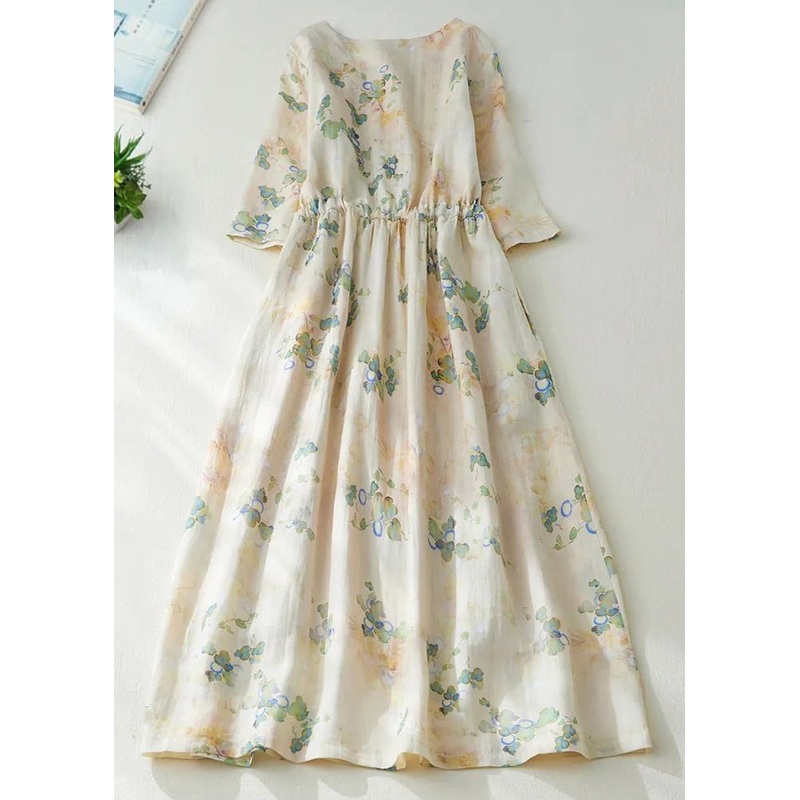 New Apricot Print Lace Up Cotton Long Dress Half Sleeve